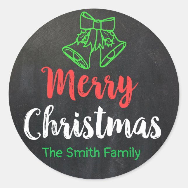 Chalkboard Merry Christmas Bells Holiday Personal Classic Round Sticker (Front)