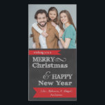 Chalkboard Merry Christmas Photo Christmas Card<br><div class="desc">This photo Christmas card features a dark grey chalkboard background with the wording: wishing you a MERRY Christmas & HAPPY New Year. A red banner at the bottom features customizable text for your to personalize it with your family names.</div>