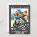 Chalkboard Merry Christmas Photo Flat Card<br><div class="desc">Frosted window pane chalkboard Christmas Holiday greeting card. Festive and fun retro style chalkboard black background with fancy holly scrolls and elegant old-fashion vintage typographic calligraphy swirl lettering. Add your favourite holiday family photo and customize the text. Modern and trendy way to send happy winter holiday greetings to all your...</div>