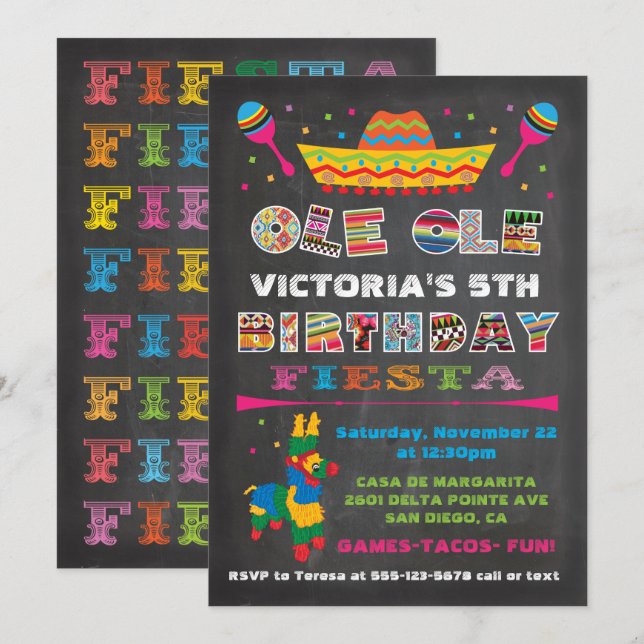 Chalkboard Mexican Fiesta Birthday Party Invitation (Front/Back)