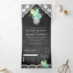 Chalkboard Mint Floral Mason Jar Lace Wedding Tri-Fold Invitation
