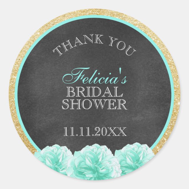 Chalkboard Mint Green Gold Glitter Bridal Shower Classic Round Sticker (Front)