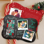 Chalkboard Mistletoe Vintage First Christmas Photo Holiday Card<br><div class="desc">Vintage Black Chalkboard Mistletoes, Love Peace Joy Kisses Our First Christmas As Mr. And Mrs., Red And Green, Bold And Colourful Modern Block Letters Typography, 2 Multi Photo Collage Holiday Wedding Announcement Card. The back features a full snowdots pattern, a snapshot photo and a personalizable holiday message. The base background...</div>