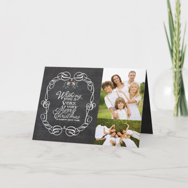 Chalkboard Mistletoes Script Merry Christmas Photo Holiday Card (Front)