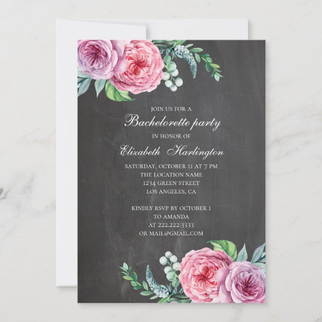 Chalkboard modern pink floral bachelorette party invitation (Front)