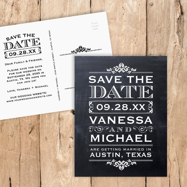 Chalkboard Modern Vintage Save the Date Announcement Postcard (Creator Uploaded)