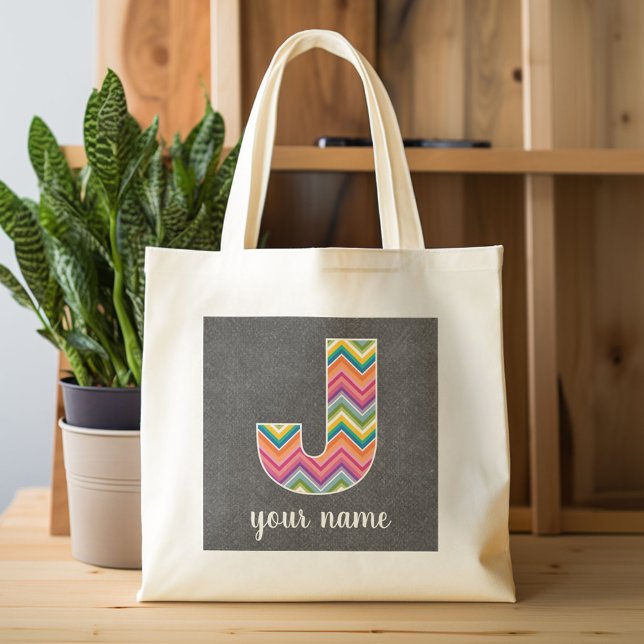 Chalkboard Monogram Letter J with Bright Chevrons Tote Bag (Custom Canvas Tote Bag)