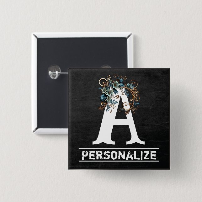 Chalkboard Monogram Letter with Blue Floral 2 Inch Square Button (Front & Back)