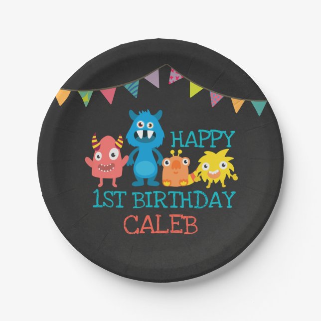 Chalkboard Monster First Birthday Boys Party Paper Plate (Front)