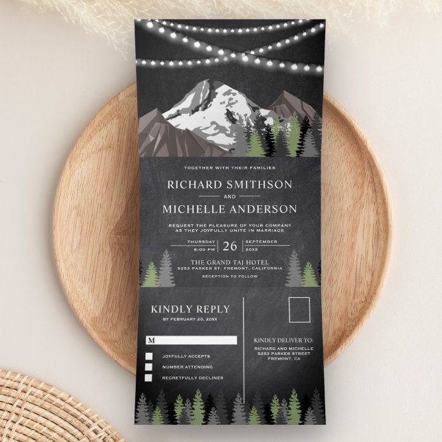 Chalkboard Mountain Forest String Lights Wedding Tri-Fold Invitation (Creator Uploaded)