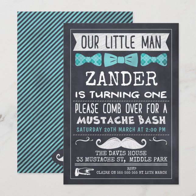 Chalkboard Moustache 1st Birthday Invitation (Front/Back)