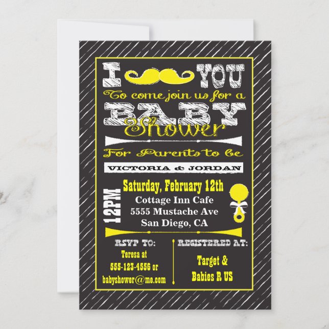 Chalkboard Moustache Baby Shower Party Invitations (Front)