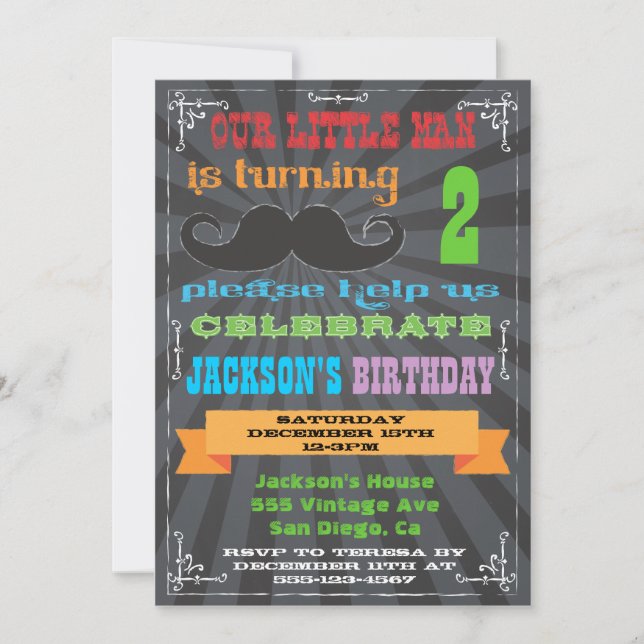 Chalkboard Moustache Birthday Party Invitations (Front)