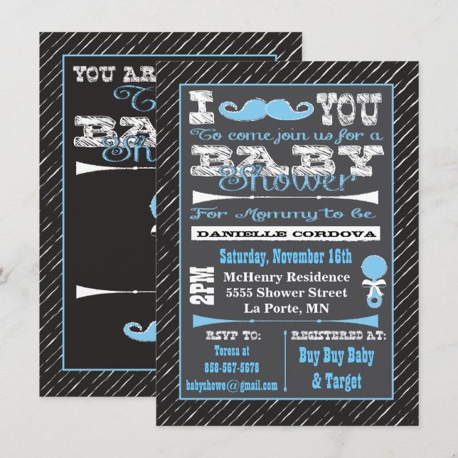 Chalkboard Mustache garçon bébé douche Invitations (Devant / Derrière)