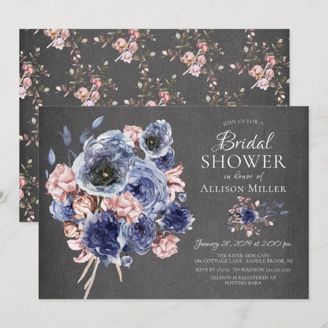 Chalkboard Navy Blush Floral Bridal Shower Invitation (Front/Back)