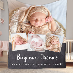 Chalkboard New Baby Personalized 4 Photo Collage Fleece Blanket