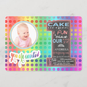 Chalkboard Number One Photo GIRL 1st Birthday Invitation