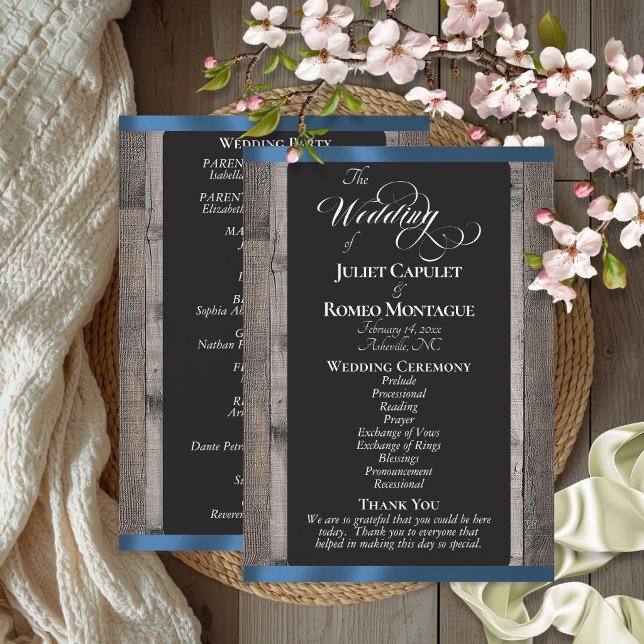 Chalkboard on Wood & Blue Ribbon - Wedding Program (Creator Uploaded)