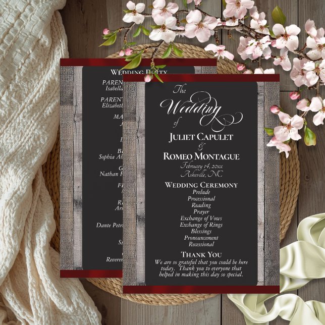 Chalkboard on Wood & Burgundy Ribbon - Wedding Program (Creator Uploaded)