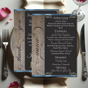 Chalkboard on Wood, Monogram & Thank You - Blue Menu