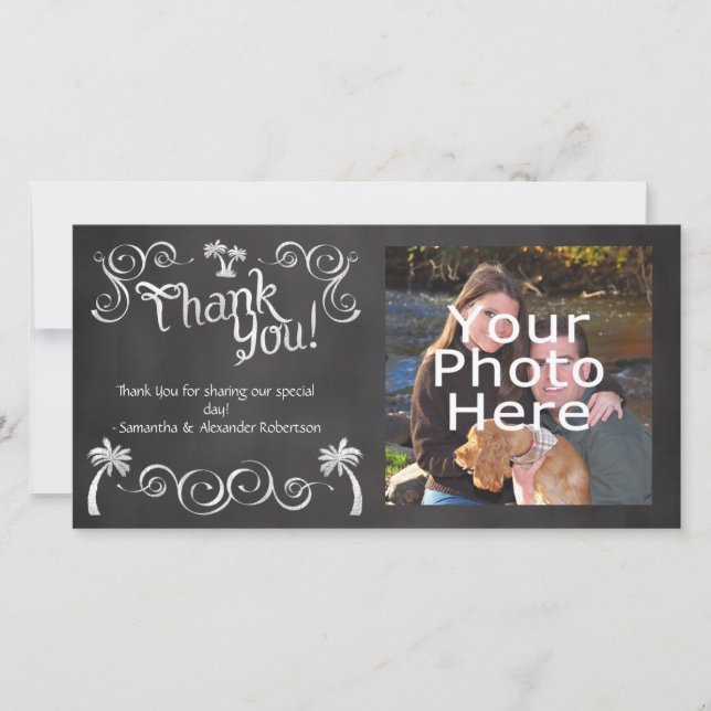 Chalkboard Palm Tree Beach Wedding Photo Thank You Card (Front)
