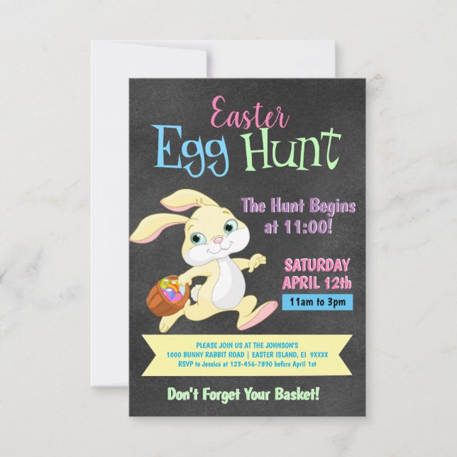 Chalkboard Pastel Bunny Rabbit Easter Egg Hunt Invitation (Front)