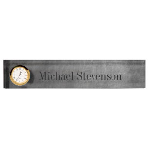 Chalkboard Pattern Business Nameplate with Clock