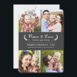 Chalkboard Peace and Love Holiday Photo Card<br><div class="desc">Chalkboard Peace and Love Holiday Photo Card by Orabella Prints. This four photo holiday card features an elegant laurel design on the front and back, and the text can be customized. Please note: The images in this design are for place-holders only. Please replace them with photos of your own before...</div>