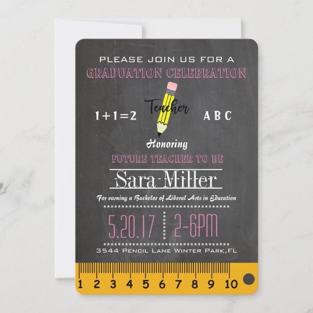 Chalkboard & Pencil Teacher Graduation Invitation (Front)