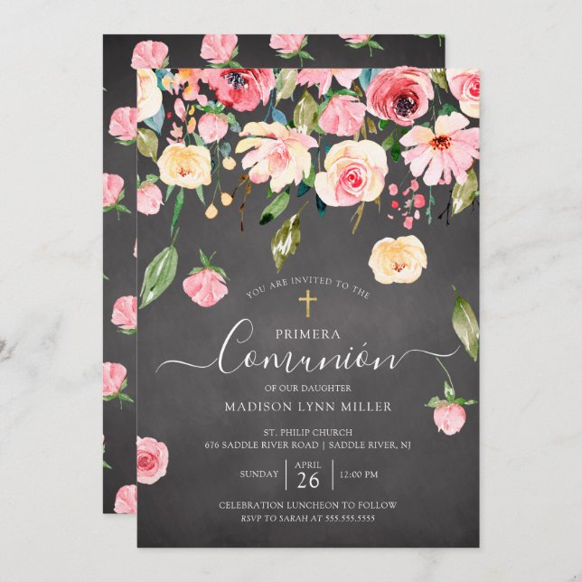 Chalkboard Peonies Floral Spanish First Communion Invitation (Front/Back)