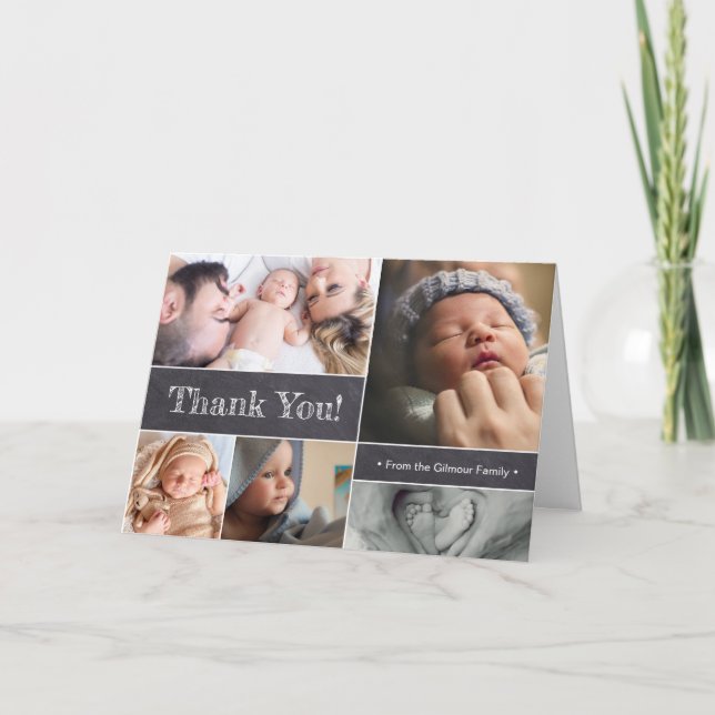Chalkboard Photo Collage Baby Thank You Announcement (Front)