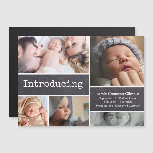 Chalkboard photo collage Introducing baby boy Magnetic Invitation (Front/Back)