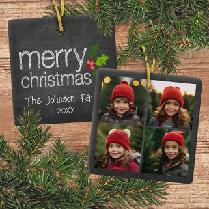 Chalkboard Photo Collage Merry Christmas Holly Ceramic Ornament
