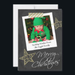 Chalkboard Photo Frame And Tape Christmas Holiday Card<br><div class="desc">Great flat greetings card for Christmas with Merry Christmas text detail .. Chalkboard And Photo Frame with striped tape and gold stars black and white design .. X-Mas / holiday flat cards for your to personalize with your own photo and text .. from Ricaso other colours available in store CHANGE...</div>