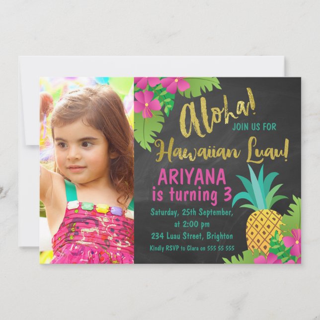 Chalkboard Photo Hawaiian Luau Birthday Invitation (Front)