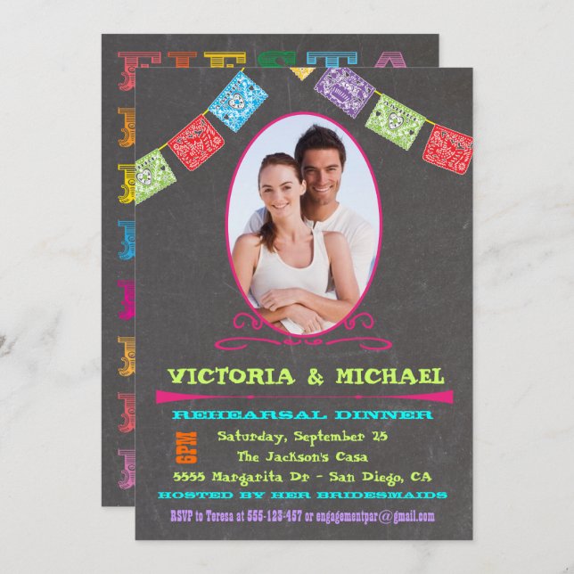 Chalkboard Photo Mexican Fiesta Rehearsal Dinner Invitation (Front/Back)