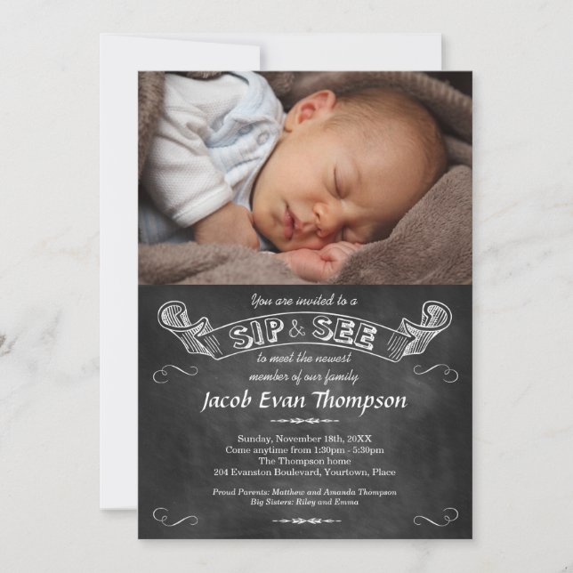 Chalkboard Photo Sip and See Party Invitation (Front)