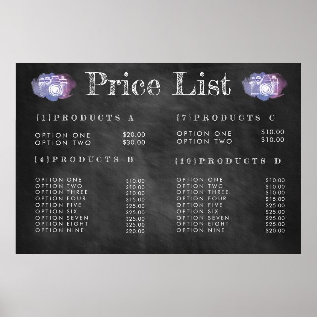 Chalkboard Photographe Prix Menu Imprimer Poster (Devant)