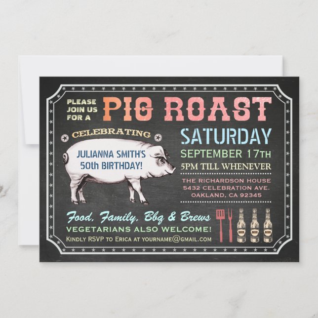 Chalkboard Pig Roast Invitations (Classy & Casual) (Front)