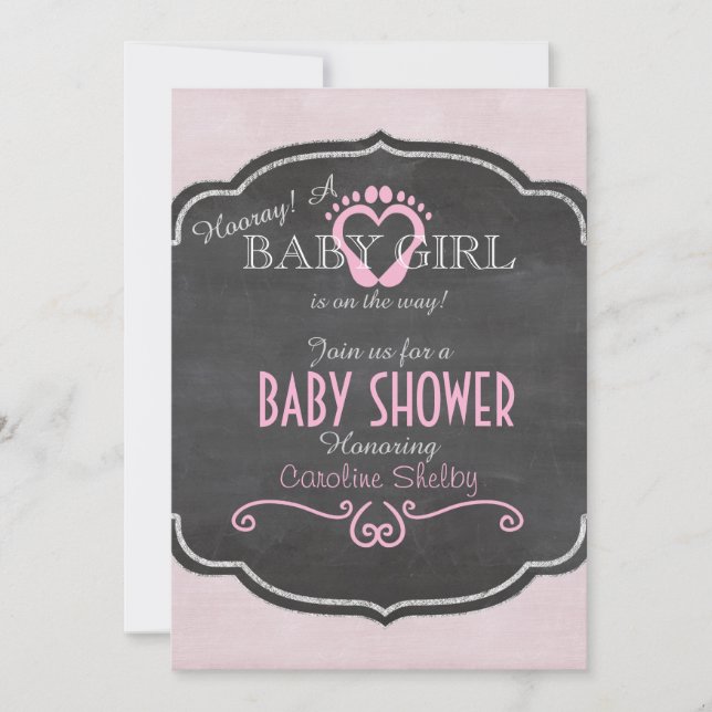 Chalkboard Pink Baby Girl Heart Shower Invitation (Front)