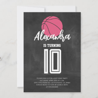 Chalkboard Pink Basketball Birthday Invitation