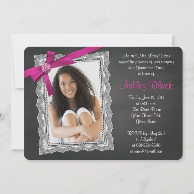 Chalkboard Pink Bow Ribbon Lace Photo Graduation Invitation (Front)