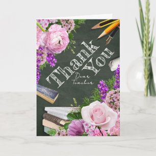 Chalkboard Pink Floral Teacher Photo Thank You Card