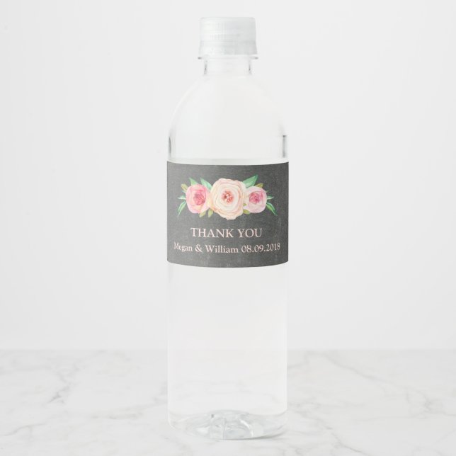 Chalkboard Pink Floral Water Bottle Label (Front)