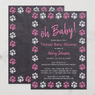 Chalkboard Pink Girl Paw Print Virtual Baby Shower Invitation