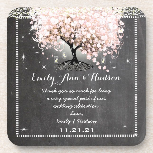 Chalkboard Pink Heart Leaf Tree Wedding Coaster (Front)