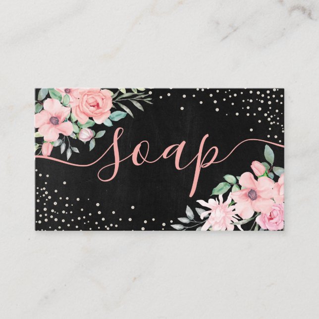 Chalkboard Pink Rose Pearl Handmade Soap Business Card (Front)