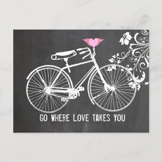 Chalkboard Pink Winged-Heart Bike Love Postcard (Front)