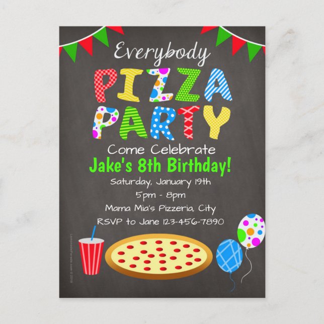 Chalkboard Pizza Party Invitation Postcard (Front)