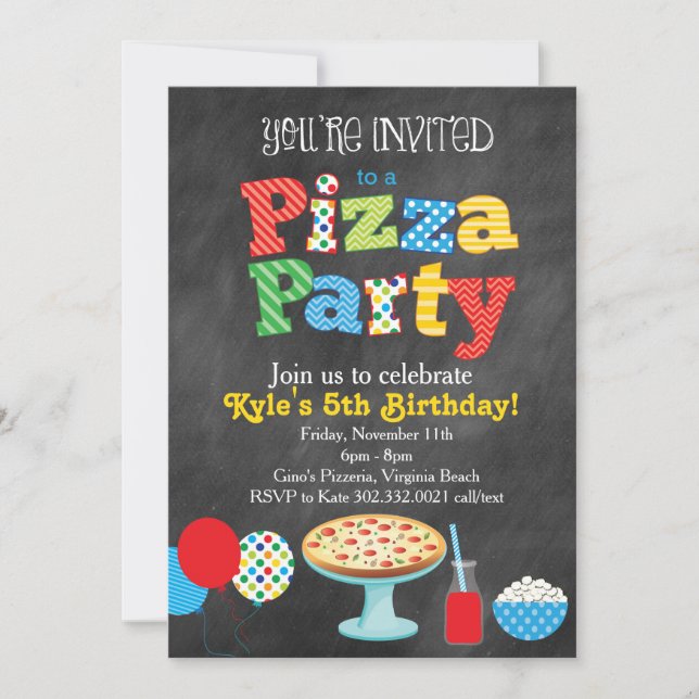 Chalkboard Pizza Party Invitation (Primary Colours (Front)
